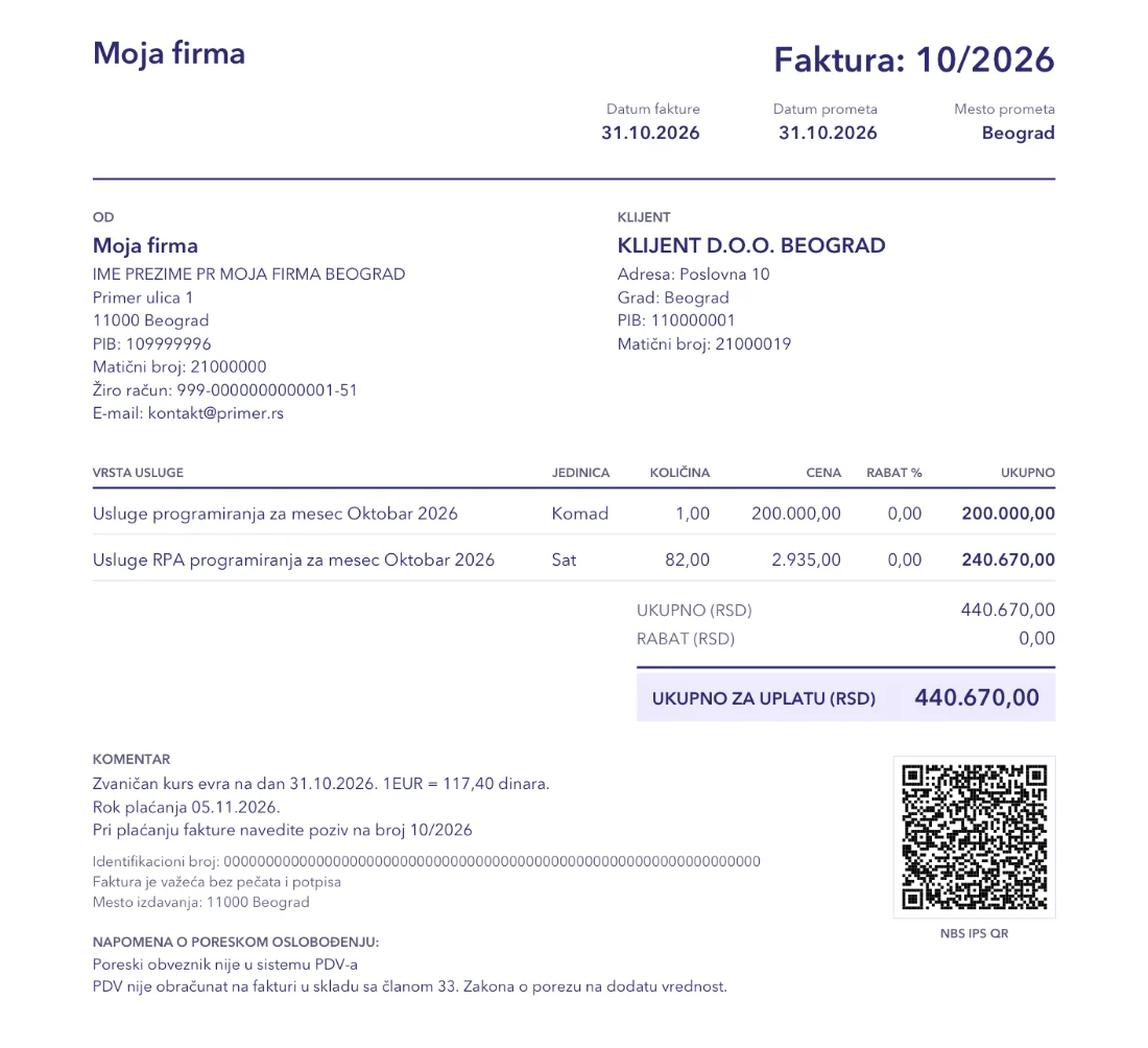 An example invoice from Kvit with a payment QR code